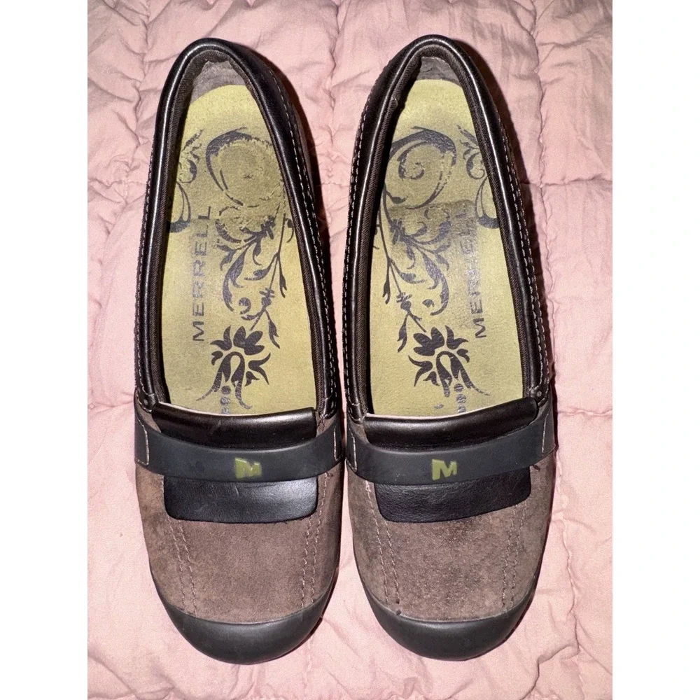 Merrell Pumps Womens 5.5 Dark Brown Suede Plaza Moc Slip On Comfort Heel Shoes